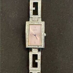 Guess Women's Silver and Pink Rectangular Watch